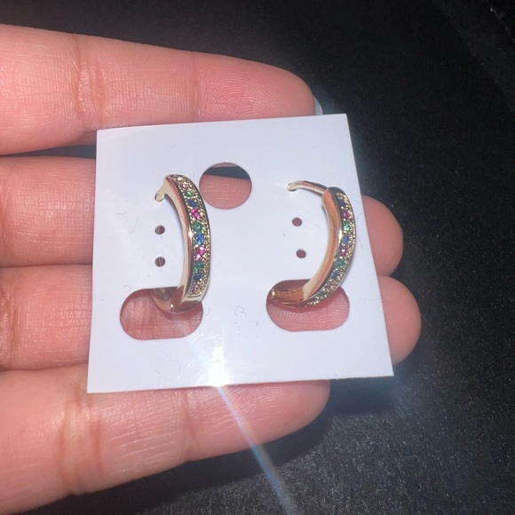 14K Gold Plated Multicolor Gemstone Hoop Earrings New - Picture 4 of 6